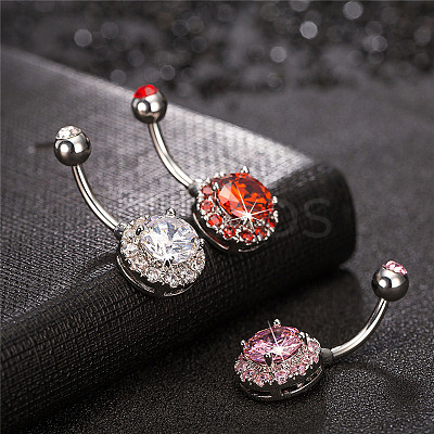 316L Surgical Stainless Steel Cubic Zirconia Flat Round Curved Barbell Belly Rings WGB2BE5-04-1