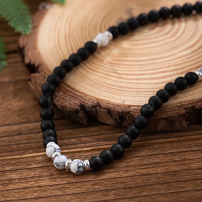 6MM Round Natural Howlite and Frosted Black Stone Beaded Necklaces for Men FQ0489-3-1