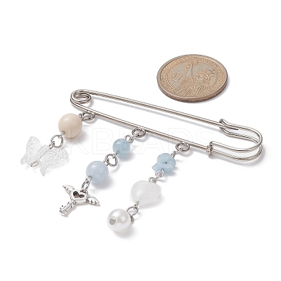 Natural Mixed Gemstone & Butterfly Charms Safety Pin Brooch JEWB-BR00101-1