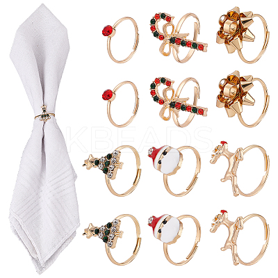 18Pcs 6 6 Style Santa Claus & Christmas Tree & Flower & Deer & Candy Cane Enamel Adjustable Rings Set RJEW-NB0001-03-1