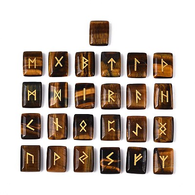 25Pcs Rectangle Natural Tiger Eye Rune Stones with Elder Futhark Alphabet Engraved G-T142-35-1