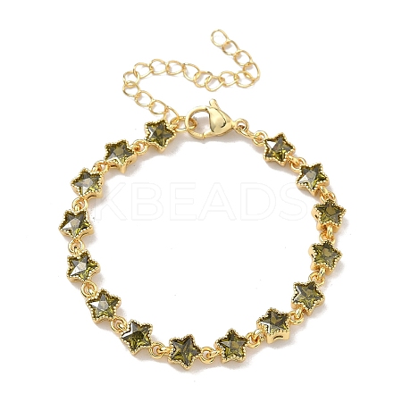 Star Brass Pave Cubic Zirconia Link Chain Bracelets for Women BJEW-P385-03G-06-1