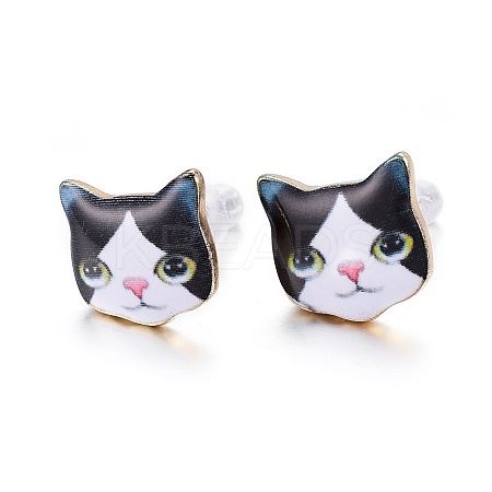 Real 14K Gold Plated Alloy Kitten Stud Earrings EJEW-G148-01G-03-1