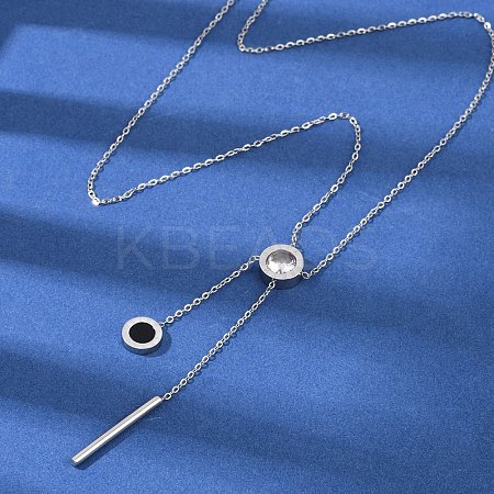 304 Stainless Steel Crystal Rhinestone Flat Round Pendant Y Necklaces NJEW-V001-03P-1