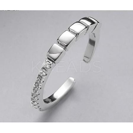 Anti-Tarnish Rhodium Plated 925 Sterling Silver Rectangle Open Cuff Ring with Crystal Rhinestone JR970A-1