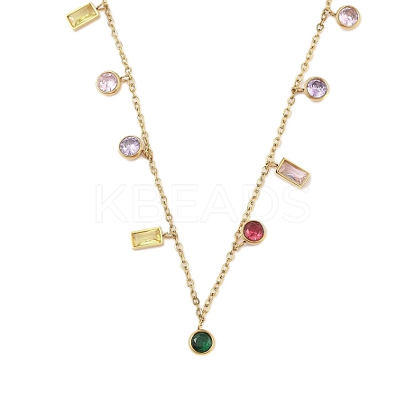 304 Stainless Steel Pave Colorful Cubic Zirconia Flat Round & Rectangle Pendant Necklaces NJEW-N055-03G-1