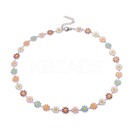 Enamel Daisy Link Chain Necklace NJEW-P220-01P-03-1