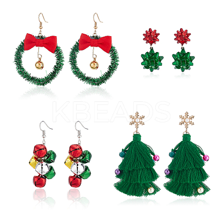 ANATTASOUL 4 Pairs 4 Style Christmas Theme Bell & Bowknot Alloy Dangle Earrings EJEW-AN0001-98-1