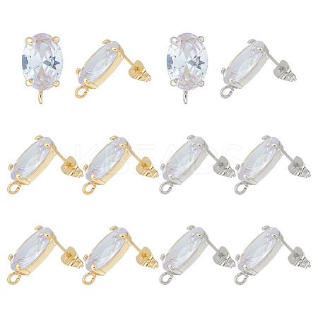 6 Pairs 2 Color Brass Micro Pave Clear Cubic Zirconia Stud Earring Findings KK-HY0001-76-1