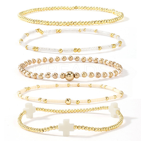 5Pcs 5 Styles Brass & Resin Beads Stretch Bracelets FP8271-3-1