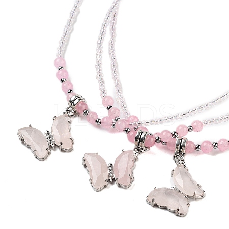 Natural Rose Quartz & Dyed Natural White Jade Faceted Butterfly  Pendant Necklaces NJEW-G143-01J-1