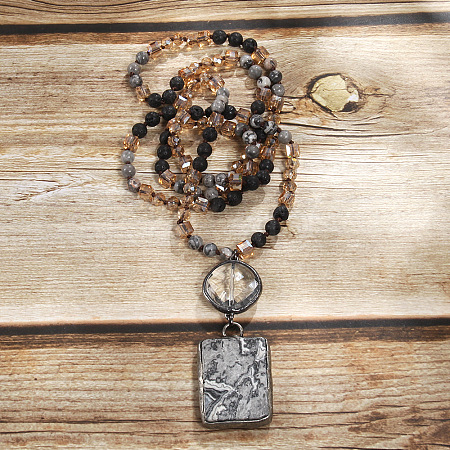 Rectangle & Flat Round Bohemian Style Natural Picasso Jasper with Glass Pendant Necklaces FS-WGEA5B3-02-1