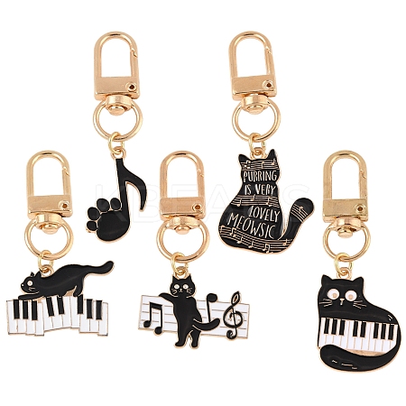 5Pcs Cat & Music Theme Alloy Enamel Pendant Decoration HJEW-FS00035-03-1
