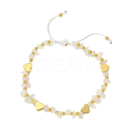 Natural Rose Quartz Chip & Heart Brass Braided Bead Bracelets BJEW-JB10592-1
