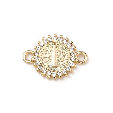 Brass Pave Clear Cubic Zirconia Religion Flat Round with Saint Connector Charms KK-L255-09G-01-1