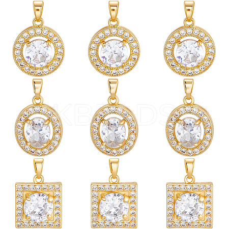 9Pcs 3 Style Brass Micro Pave Cubic Zirconia Pendants KK-BBC0019-44-1