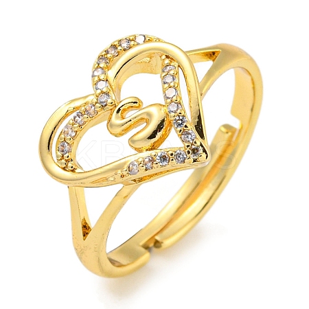 Heart with Letter Rack Plating Brass Micro Pave Clear Cubic Zirconia Adjustable Rings for Women RJEW-I105-01G-S-1