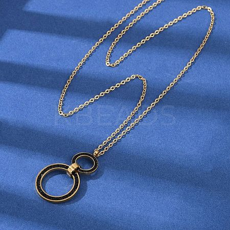 304 Stainless Steel Jet Rhinestone Double Rings Pendant Necklaces NJEW-V001-04G-1