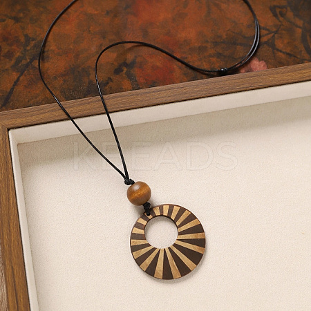 Wood Pendant Black Wax Cord Long Necklaces for Women FS-WG36920-19-1