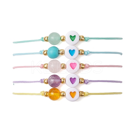 6mm Round Gemstone & Acrylic Enamel Heart Braided Bead Bracelets for Women BJEW-JB10773-1