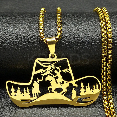 201 Stainless Steel Hollow Cowboy Hat Pendant Necklaces NJEW-H065-27G-1