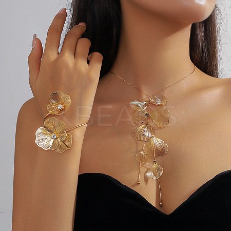 Flower Alloy Crystal Rhinestone Pendant Necklace & Cuff Bangle Sets FS-WG43B4A-01-1