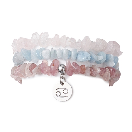 3Pcs 3 Styles Natural Aquamarine & Rose Quartz Chips Stretch Bracelets Sets BJEW-JB11076-06-1