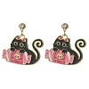 Halloween Theme Alloy Enamel Cat Dangle Stud Earrings with Brass Pins EJEW-JE05308-2
