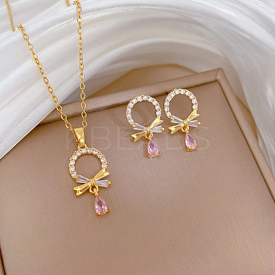 Brass Micro Pave Cubic Zirconia Pendant Necklace & Stud Earrings WG7AC39-147-1