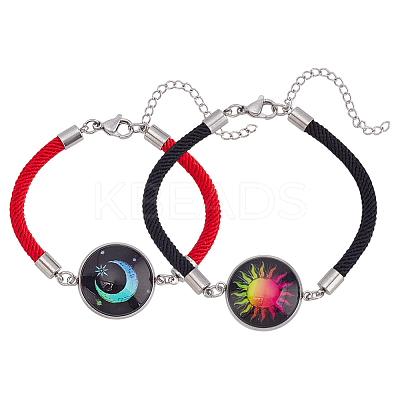1 Set 2Pcs Valentine's Day Luminous 304 Stainless Steel Glass Flat Round Link Bracelet Sets BJEW-LP0001-35A-1