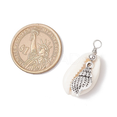Natural Cowrie Shell & Alloy Sea Animals Pendants PALLOY-JF03751-1