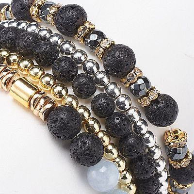 5Pcs 5 Style Natural Lava Rock & Natural Quartz & Synthetic Hematite Stretch Bracelets Set BJEW-JB08739-1