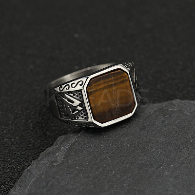 304 Stainless Steel with Natural Tiger Eye Finger Rings FS-WG06E27-16-1
