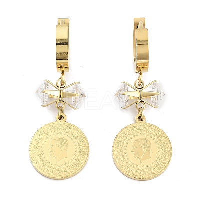 Flat Round with Humen 304 Stainless Steel Dangle Earrings EJEW-L283-060G-1