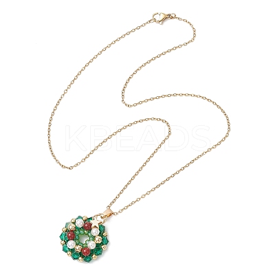 Natural Carnelian & Bicone Glass & Shell Pearl & Seed Beads Christmas Wreath Pendant 304 Stainless Steel Cable Chain Necklaces for Women NJEW-MZ00122-1