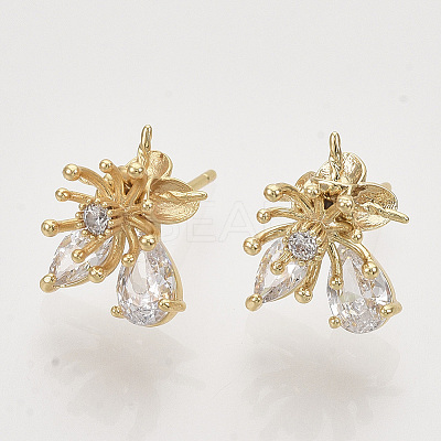 Brass Micro Pave Clear Cubic Zirconia Stud Earring Findings KK-T054-54G-NF-1