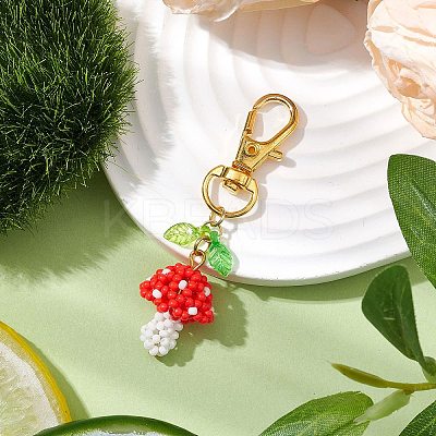 Handmade Glass Seed Mushroom with Acrylic Leaf Pendant Decorations HJEW-MZ00104-05-1