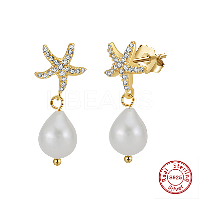 925 Sterling Silver Starfish Dangle Stud Earrings EJEW-M096-03G-1