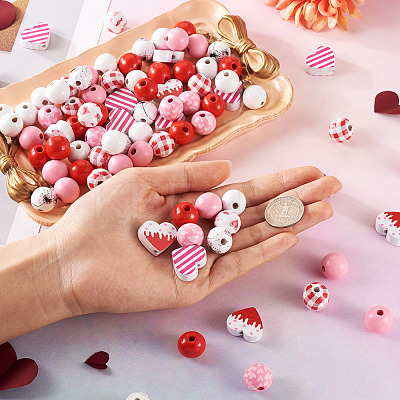 120Pcs 9 Styles Valentine's Day Painted Natural Wood Beads WOOD-KS0001-20-1