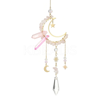 Natural Rose Quartz Chips & Brass Moon Pendant Decorations HJEW-TA00066-01-1