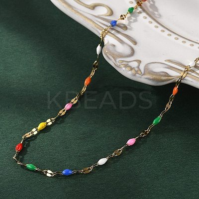 Colorful Enamel Oval & Dapped Link Chain Necklace NJEW-Q315-01G-1