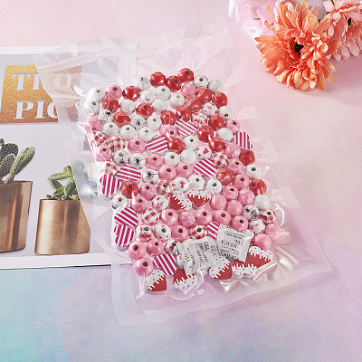 120Pcs 9 Styles Valentine's Day Painted Natural Wood Beads WOOD-KS0001-20-1