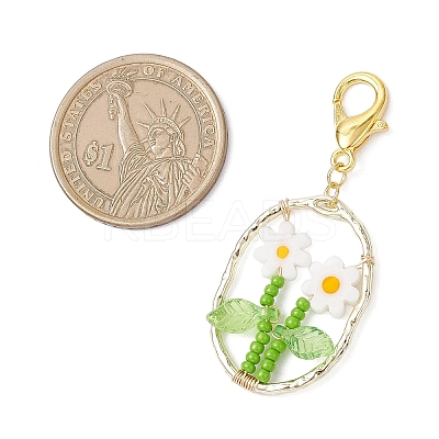 Oval with Flower Glass Seed Bead & Lampwork & Alloy Pendant Decoraitons HJEW-MZ00351-04-1