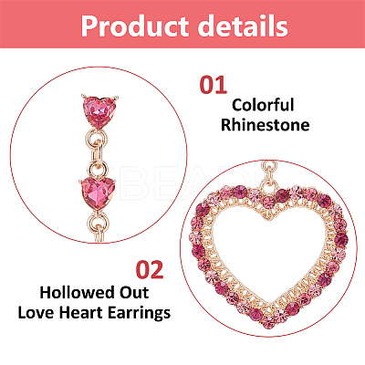 4 Pairs 4 Colors Rhinestone Hollow Heart Dangle Stud Earrings EJEW-AN0004-17-1