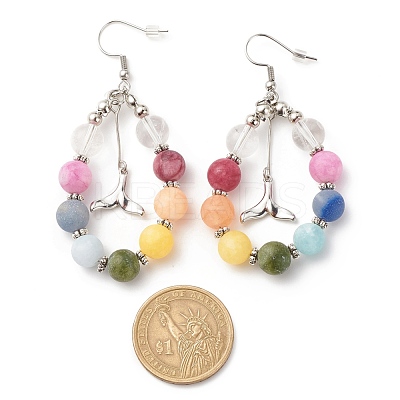 Natural Mixed Gemstone Braided Teardrop Dangle Earrings with Brass Whale Tail Charms EJEW-JE04951-02-1