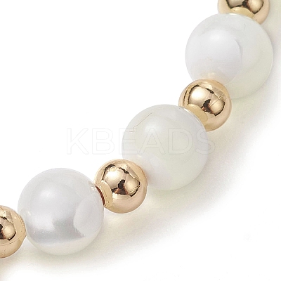 Round Natural Sea Shell Beaded Stretch Bracelets with Brass Beads for Women Men BJEW-JB10278-1