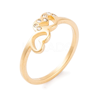 304 Stainless Steel with Rhinestone Heart Finger Ring for Women RJEW-C086-11-G-1