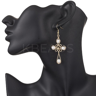 Natural Cultured Freshwater Pearl Cross Dangle Earrings EJEW-TA00723-1