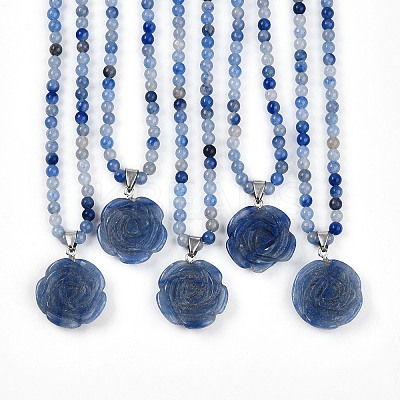Natural Blue Aventurine(Dyed & Heated) 4.5mm Round Beaded Flower Pendant Necklaces NJEW-T016-04E-1