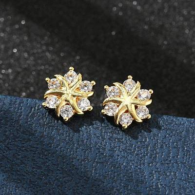 Flower Brass Micro Pave Clear Cubic Zirconin Stud Earrings EJEW-D318-10G-1